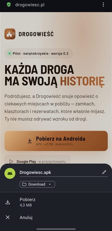 Browser window with the file Drogowiesc.apk and a Download button