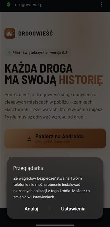 Komunikat przeglądarki: nie można instalować nieznanych aplikacji z tego źródła, przycisk Ustawienia